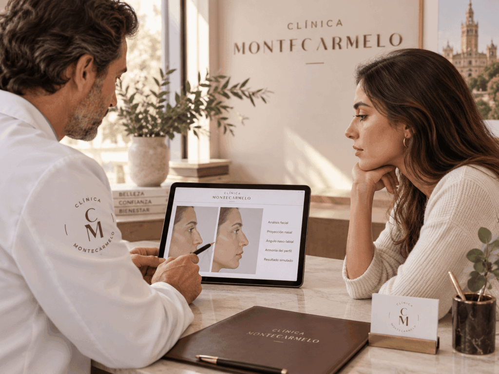 Paciente observando su perfil durante valoración de rinoplastia